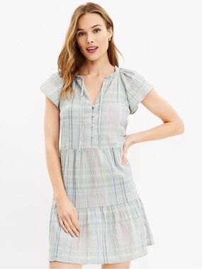 LOFT Plaid Mini Dress in Light Gray with Pink & Green Stripes